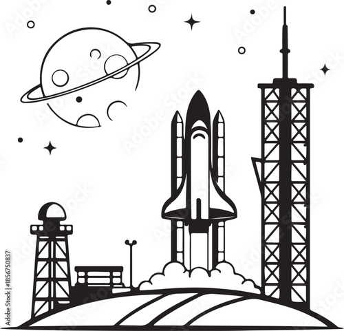 Futuristic rocket launching from moon base silhouette vector