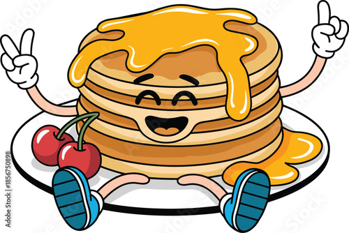 Funny pancake character illustration, smiling breakfast food cartoon, syrup stack with cherries vector design cute