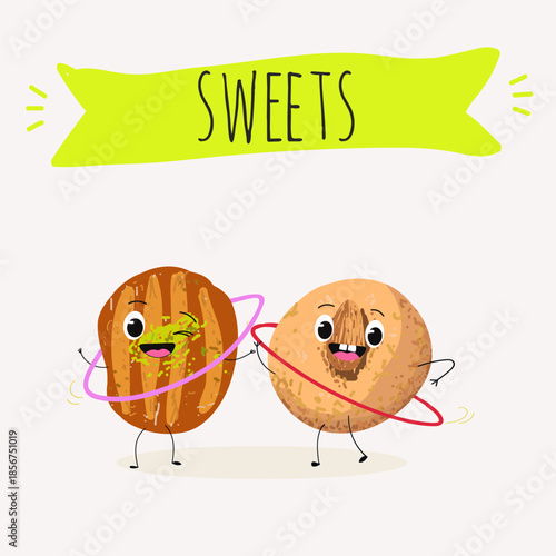 Funny Characters lokma, tulumba. Turkish,  Eastern sweets. Hand drawn vector illustration.