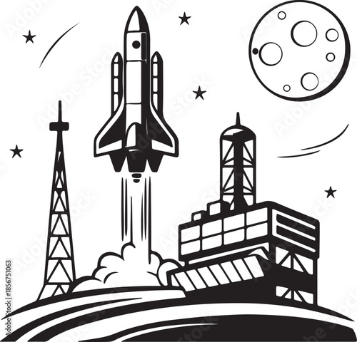 Futuristic rocket launching from moon base silhouette vector