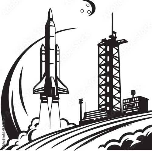 Futuristic rocket launching from moon base silhouette vector