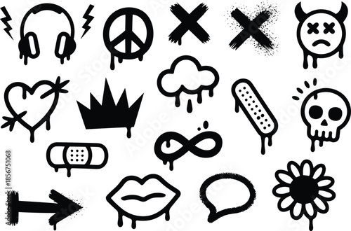 Grunge dripping graffiti icons set, edgy street symbols, punk black vector illustration collection modern design