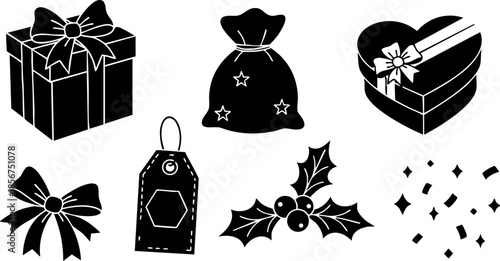 Holiday gift box present bow tag holly berry stars sparkles festive vector icons set