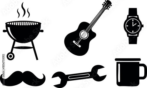Collection of simple black silhouette icons including grill guitar watch moustache wrench and mug vector illustration
