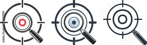 Focus target search icon featuring magnifying glass overlay for marketing analytics research and strategy visuals