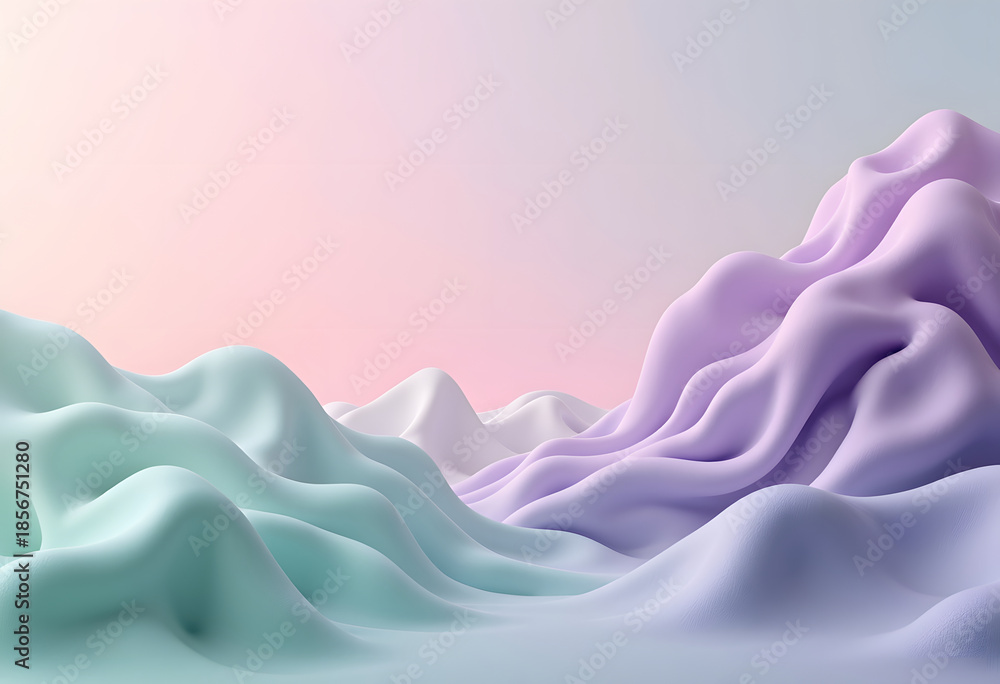Fototapeta premium Abstract soft undulating forms in pastel colors of pink, purple, and mint green create a tranquil dreamlike landscape scene