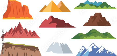 Mountain landscape vector set, flat nature hills, desert rocks, peaks icons illustration collection