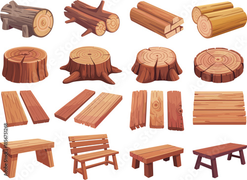 Cartoon wooden logs planks stumps furniture illustration set for construction carpentry game design vector