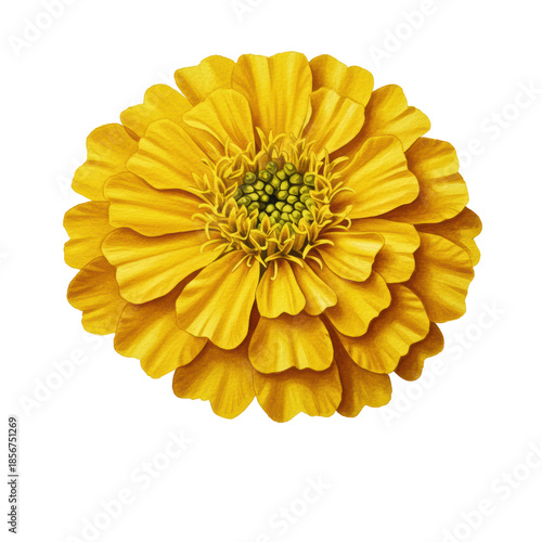A fully bloomed marigold flower with vivid bright yellow petals and intricate botanical details, watercolor illustration isolated on a transparent background with copy space, concept for botanical