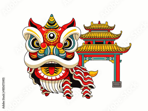 Flat design illustration vector of a colorful lion dance head in front of a traditional Chinese gate with a vibrant and festive mood.