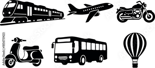 Transportation icons set with train airplane motorcycle scooter bus and hot air balloon vector illustration
