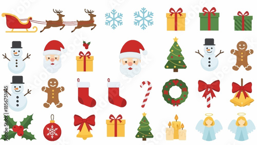Christmas icons set with Santa and decorations.