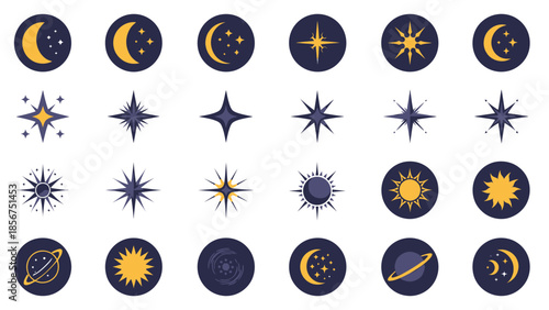 Celestial Bodies Icons Set with Various Phases.