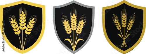 Food quality safety shield emblem with wheat elements symbolizing agriculture certification trust standards