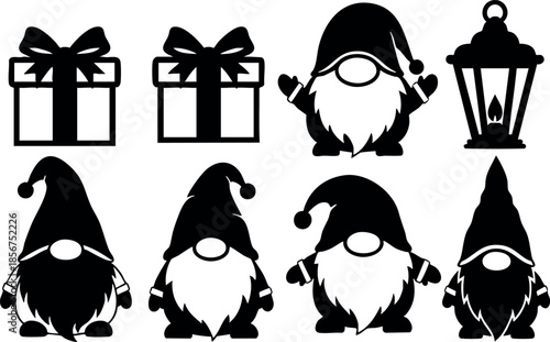 Christmas gnome icons with gift boxes and lantern vector set for festive holiday decoration and winter celebration designs
