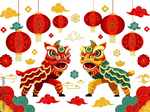 Flat design illustration vector of two lion dance performers in red and green costumes with lanterns and decorations.