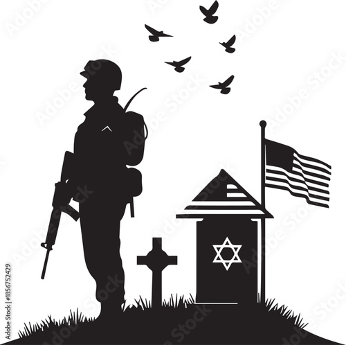 PriMilitary silhouette at cemetery with American flag and birds, patriotic veteran memorial at gravestone, soldier honoring fallen heroes, vector illustration.nt