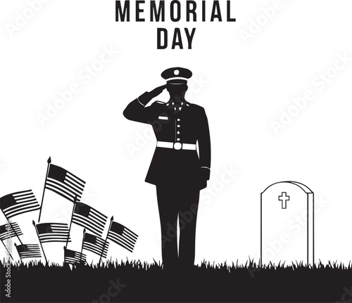 PriMemorial Day salute silhouette, military officer honoring fallen soldiers at cemetery, veteran remembrance with American flags and gravestone, vector illustration.nt