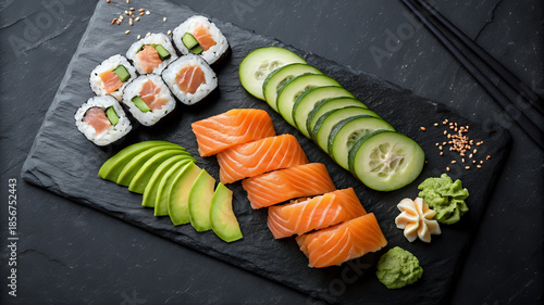 fresh-sushi-platter-on-dark-slate-board-