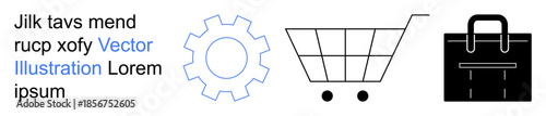 E-commerce, shopping, business tools, settings, commerce strategy, retail services. Gear, cart and bag icons in vector style. E-commerce and shopping concepts visually