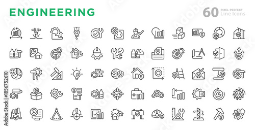 Engineering line icon set. Management, business, organization, finance, transparent, manufacturing, hard hat line icon set