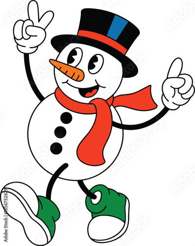 Cute snowman cartoon illustration, winter holiday character dancing, Christmas mascot vector design isolated icon