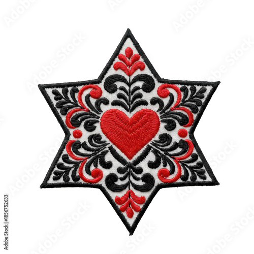 Star-shaped embroidered patch, intricate traditional folk art patterns in black, red, white, vivid red heart, visible stitches, on transparent background, concept of timeless tradition and enduring
