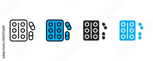 Medication pills and blister pack icon set vector on white background. pharmacy, healthcare, medicine, drug, capsule symbol. vector illustration.
