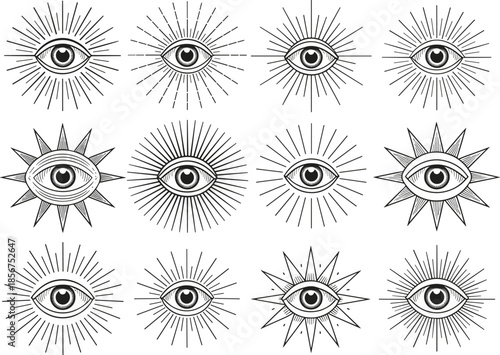 All seeing eye symbols set, radiant mystical eyes, sacred geometry black line vector illustration collection