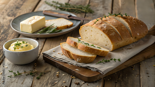 fresh-bread-and-butter-on-rustic-table-