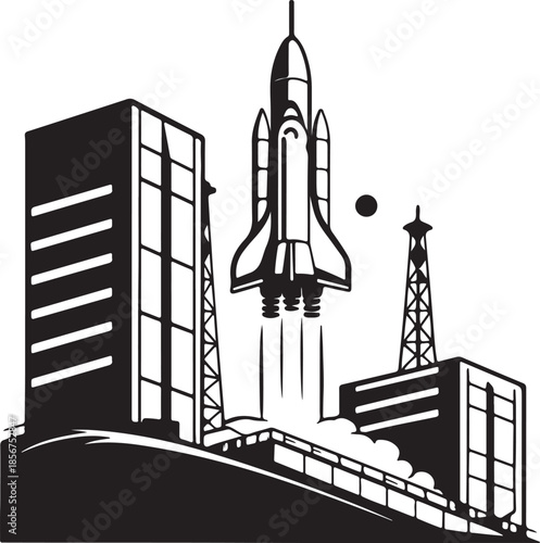Futuristic rocket launching from moon base silhouette vector