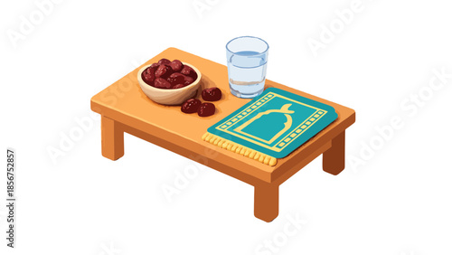 3D Isometric Iftar Table with Dates Water and Prayer Mat Vector