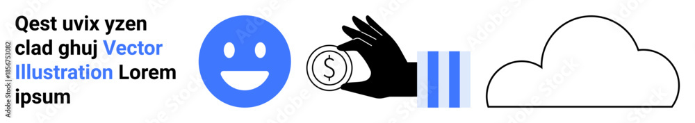 Fototapeta premium Financial services, online transactions, cloud storage, multimedia, happiness, and digital concepts. Blue happy face, hand holding coin pause bars and cloud outline icons. Financial services