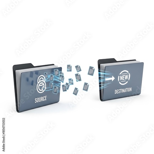 Conceptual 3D Visualization of Two Document Folders Exchanging Data Files on a Pristine White Background