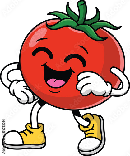 Cute tomato character illustration, smiling vegetable mascot, happy cartoon food vector design isolated icon