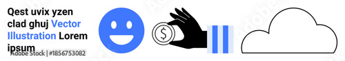 Financial services, online transactions, cloud storage, multimedia, happiness, and digital concepts. Blue happy face, hand holding coin pause bars and cloud outline icons. Financial services