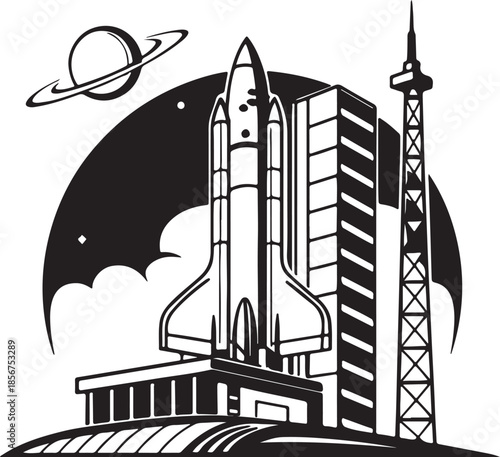 Futuristic rocket launching from moon base silhouette vector