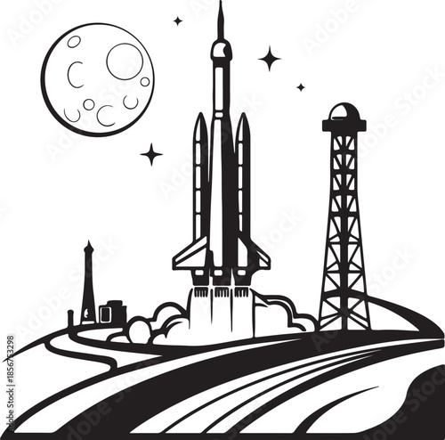 Futuristic rocket launching from moon base silhouette vector