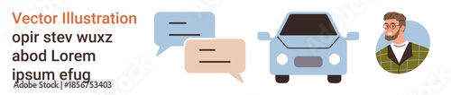 Communication, carpooling, ridesharing, online services, digital interaction, transport solutions. A man, speech bubbles and a car. Communication and carpooling as digital interaction solutions