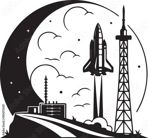 Futuristic rocket launching from moon base silhouette vector