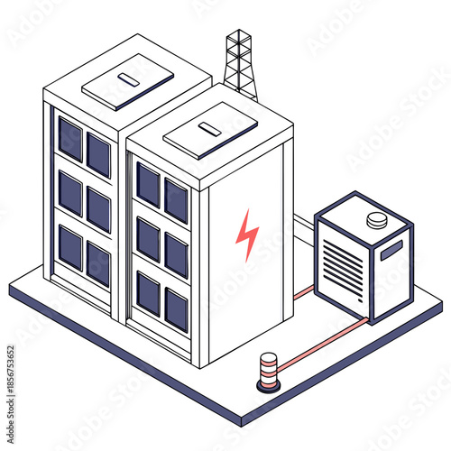 Isometric illustration of a power substation with electrical connections and a lightning bolt symbol high quality