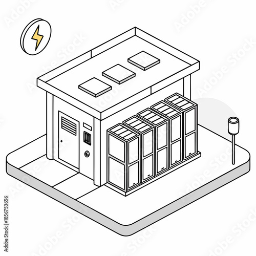 Schematic illustration of an electrical substation with battery storage and a charging port for electric vehicles