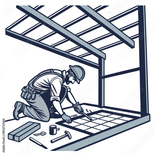 A construction worker diligently installing floor tiles within the framework of a building s unfinished interior space