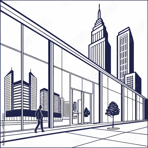 A detailed illustration depicts a modern city street with skyscrapers and a pedestrian walking by