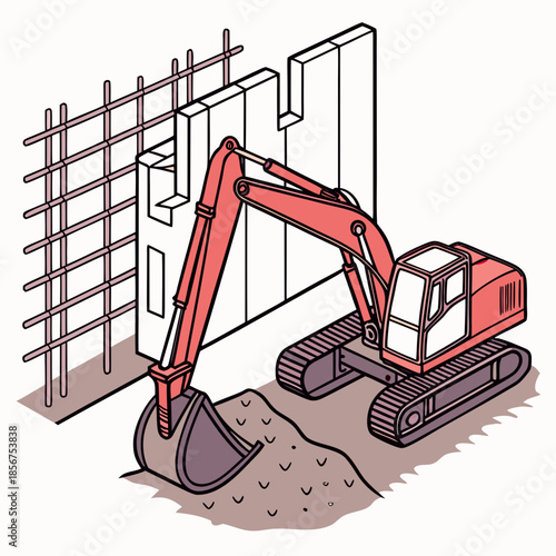 An isometric illustration depicts a red excavator working on a building s reinforced concrete wall construction site