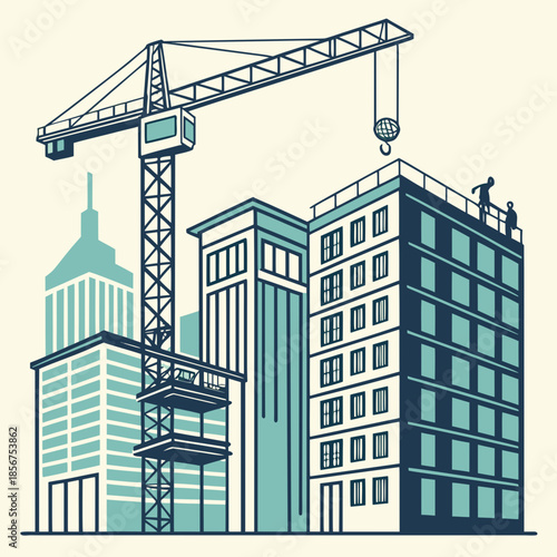 A vintage style illustration depicts a cityscape with a prominent construction crane and developing buildings