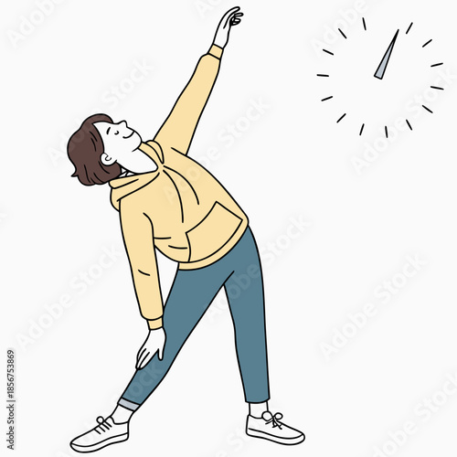 A person is stretching their body upwards towards a clock illustrating time management and wellness