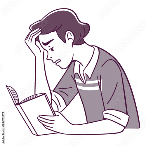 A distressed young woman sits with her head in hand reading a book with a troubled expression