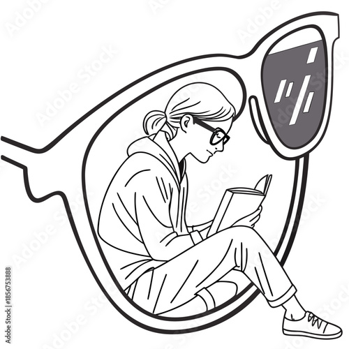 A woman engrossed in reading a book viewed through the lens of oversized stylish sunglasses illustration