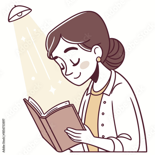 A peaceful illustration depicts a woman intently reading a book under a soft glowing spotlight